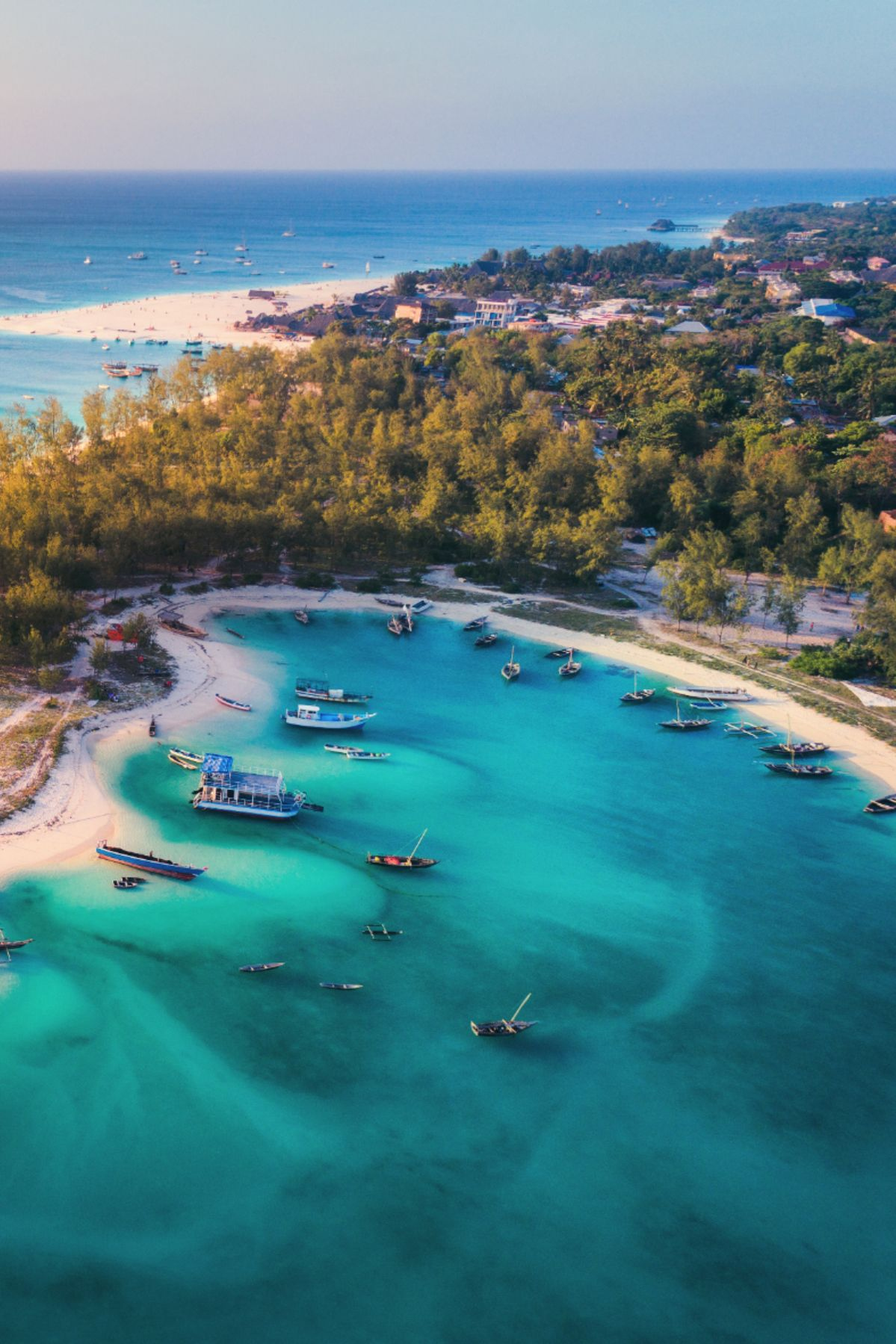 Aerial view of an East African coastline with dhows